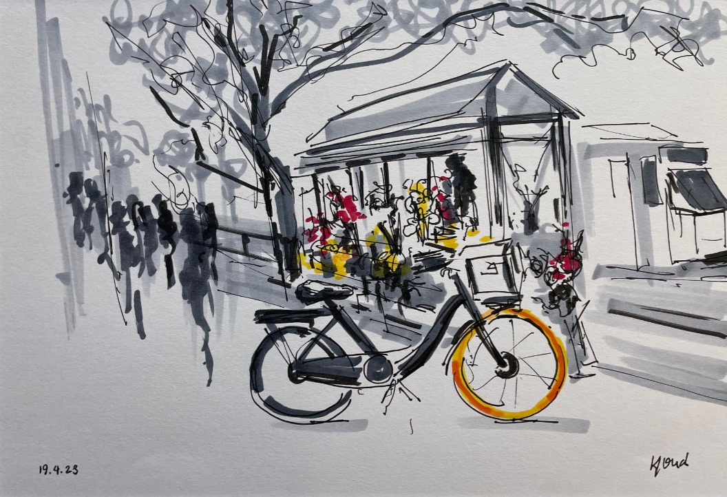 hand painted scene showing RideKola bike parked in streetscape